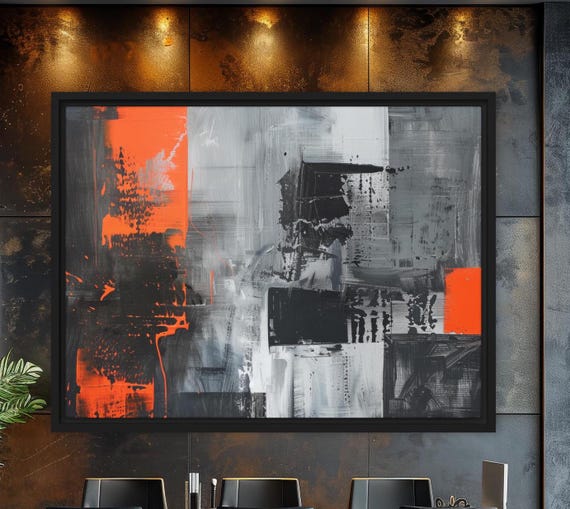 Framed Bold Abstract Wall Art Black Grey And Bright Orange Modern Painting Home Decor Perfect For Living Room Or Office