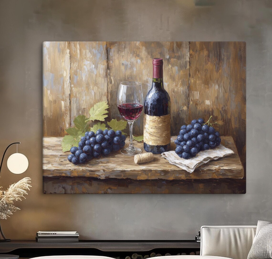 Red Wine Bottle Glass Blue Grapes Rustic Wooden Table Still Life Art Poster