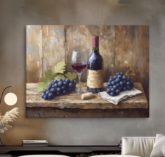 Red Wine Bottle Glass Blue Grapes Rustic Wooden Table Still Life Art Poster