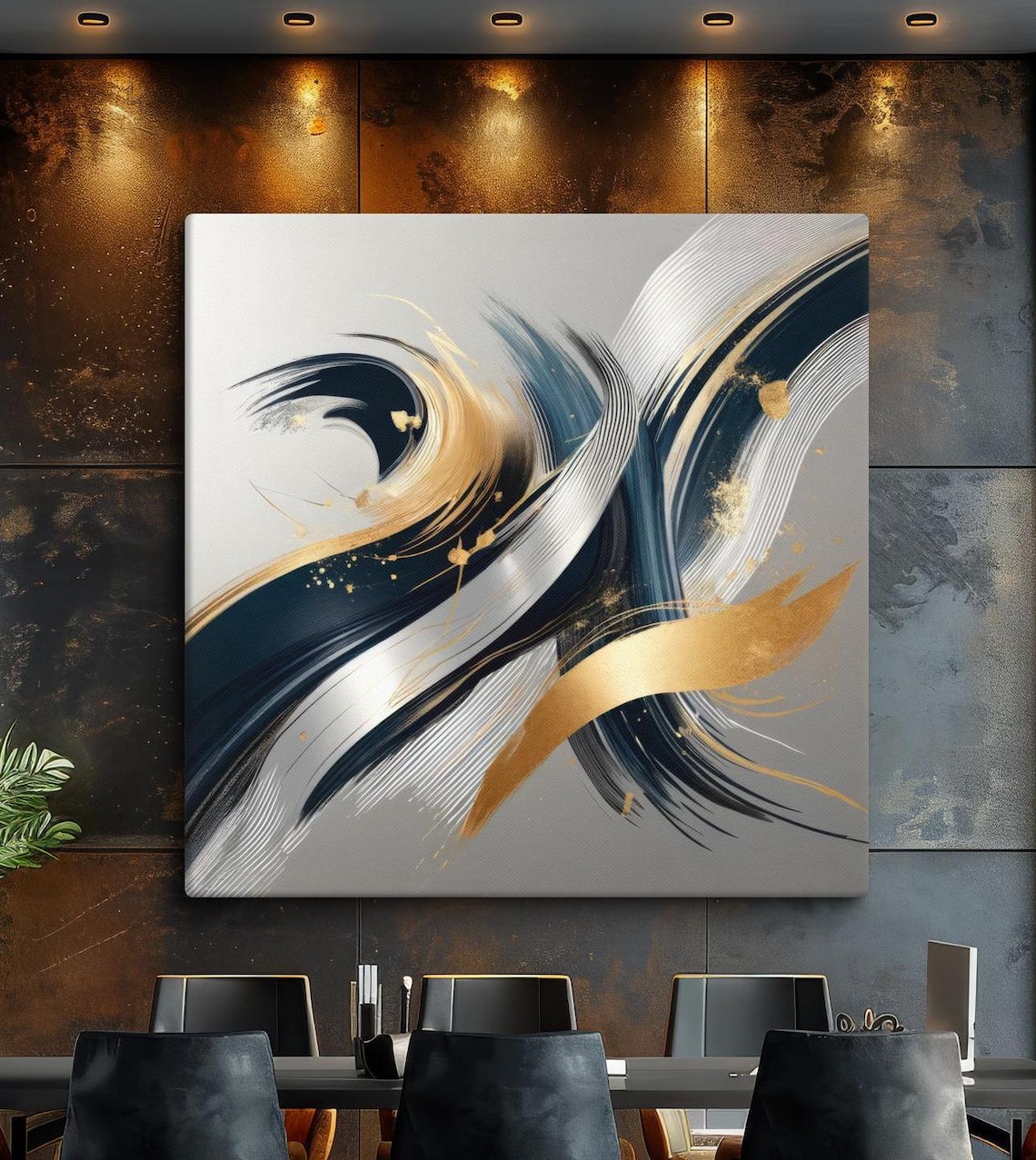 Abstract Navy and Gold Brushstroke Painting Art Print