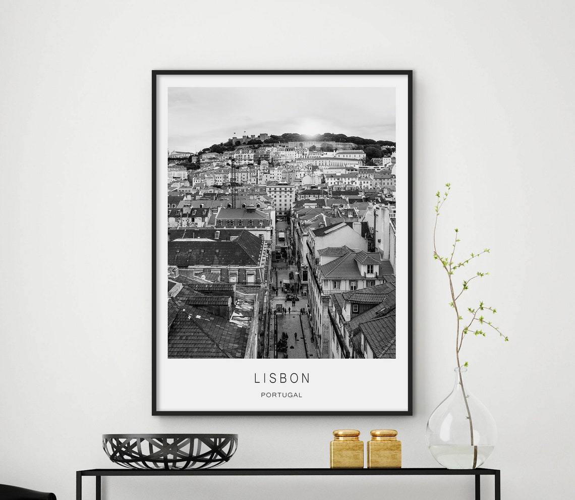 Lisbon Portugal Rooftops Castle Hill Black White Old Town Poster