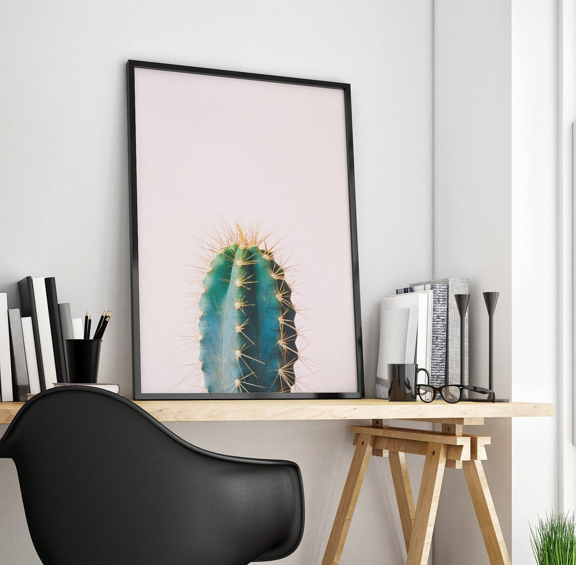 Teal Cactus on Blush Pink Background Modern Botanical Poster - Image 3