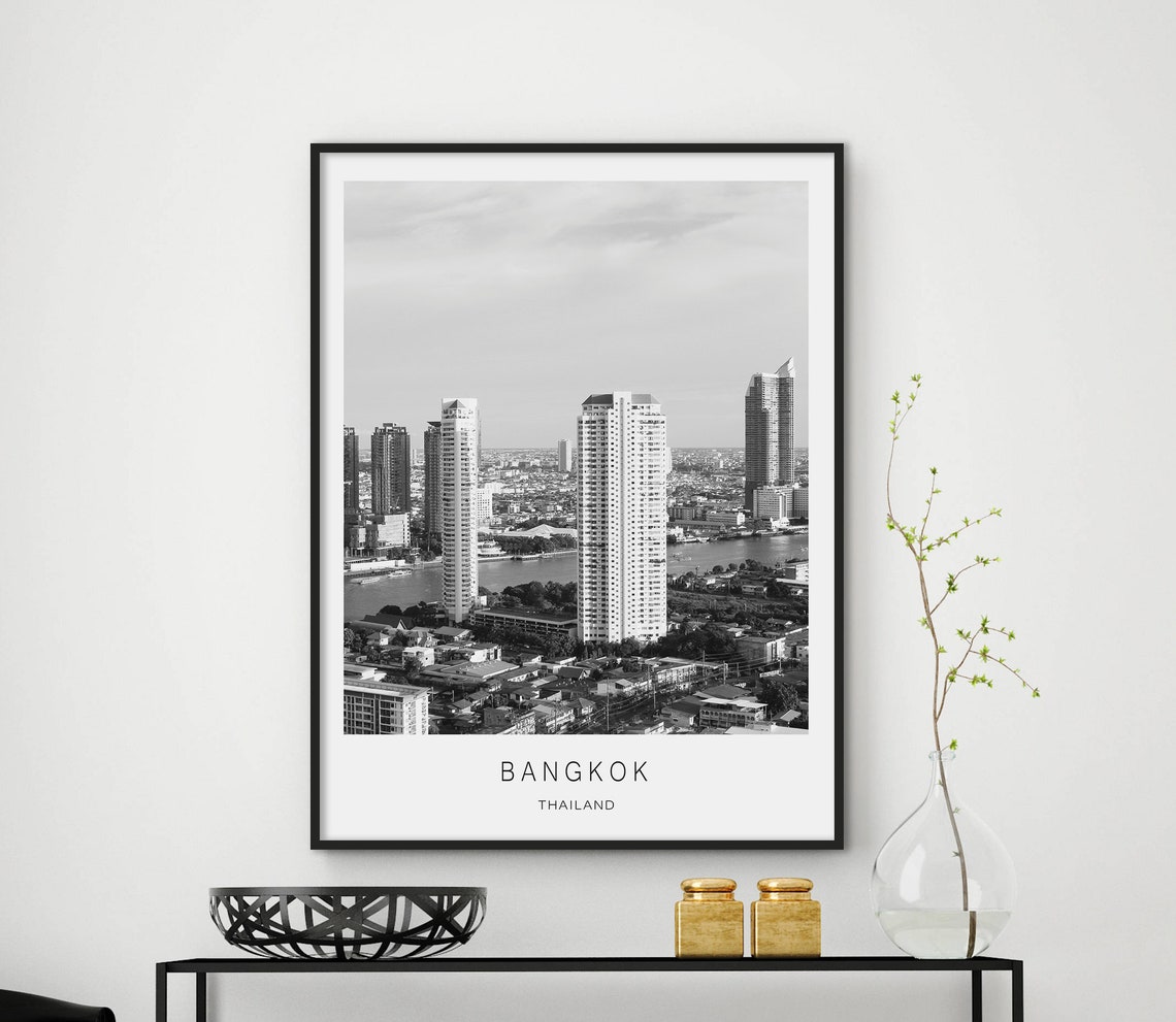 Bangkok Thailand Black And White City Skyline River View Poster
