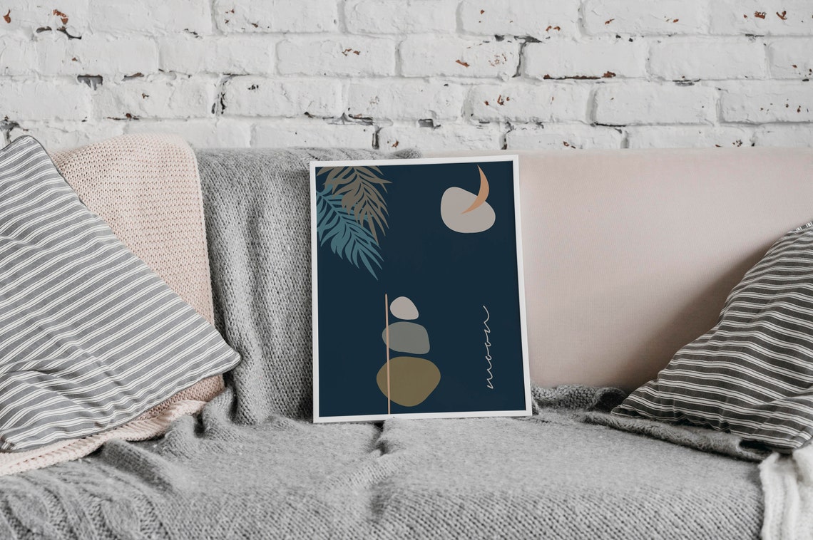 Moon Abstract Navy Blue Botanical Modern Minimalist Decor Poster - Image 3