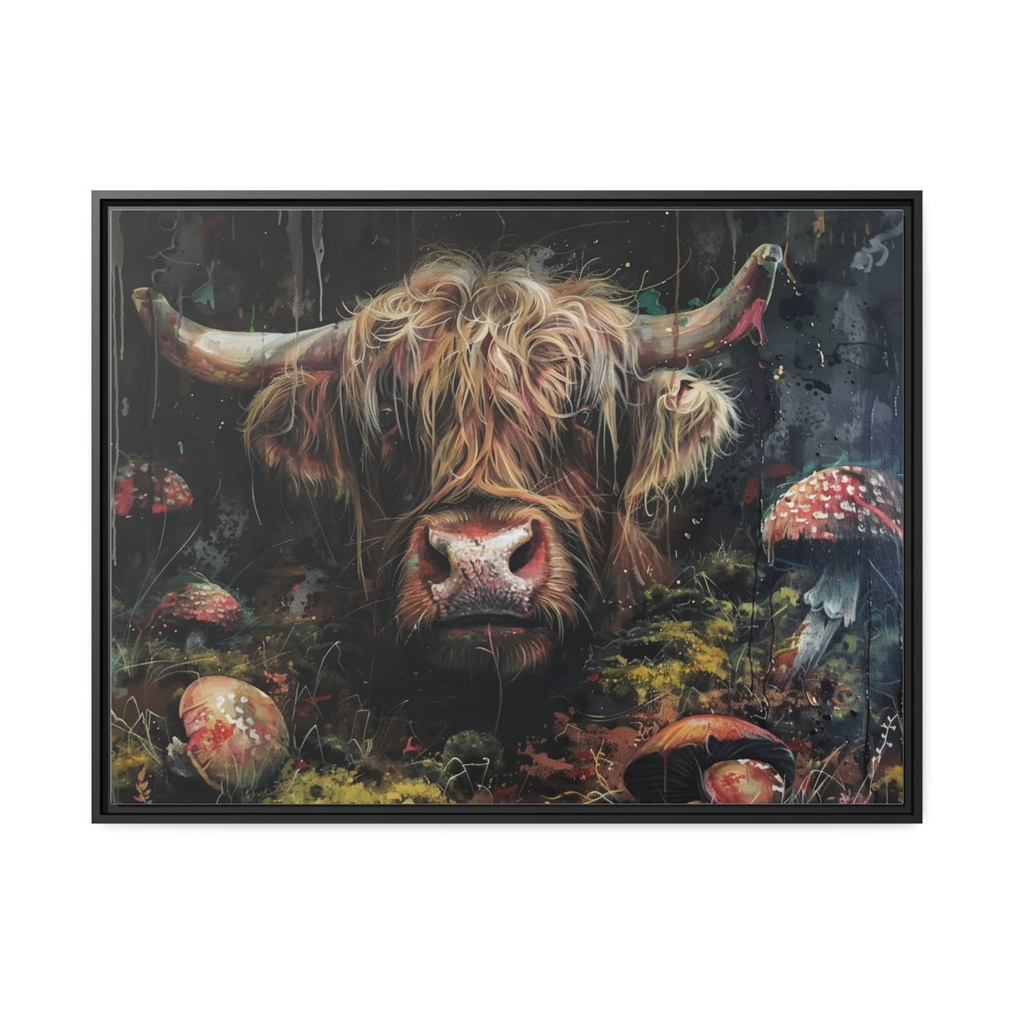 Highland Cow Among Mushrooms Dark Floral Cow Portrait Poster - Image 2