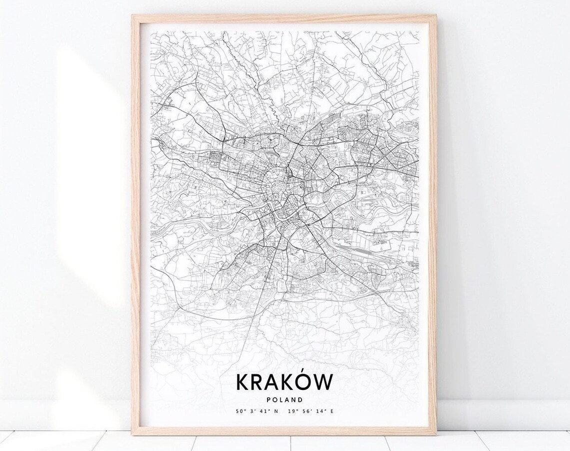 Krakow Poland City Street Map Modern Minimalist Black White Art Poster