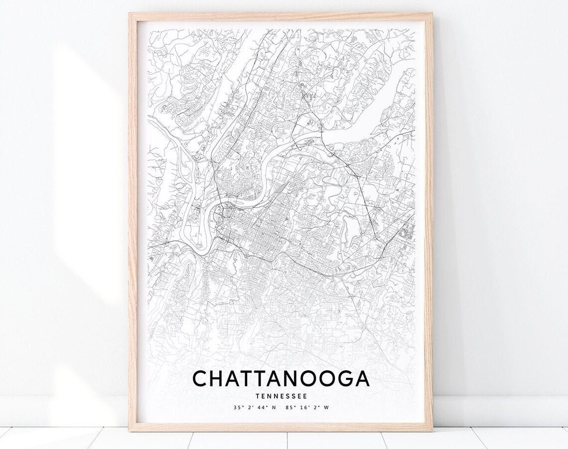 Chattanooga Tennessee City Street Map Modern Black White Wall Art
