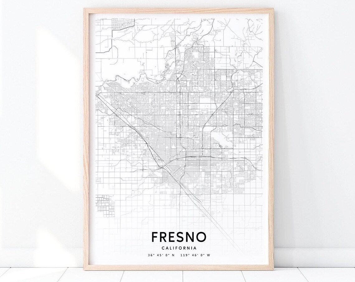 Fresno California City Street Map Modern Minimalist Line Map Poster