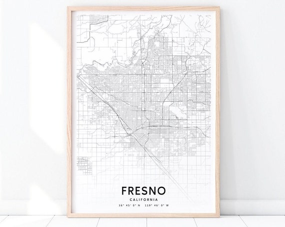 Fresno Map Print Usa Art Poster City Street Road Black White Modern Wall Home Office Decor