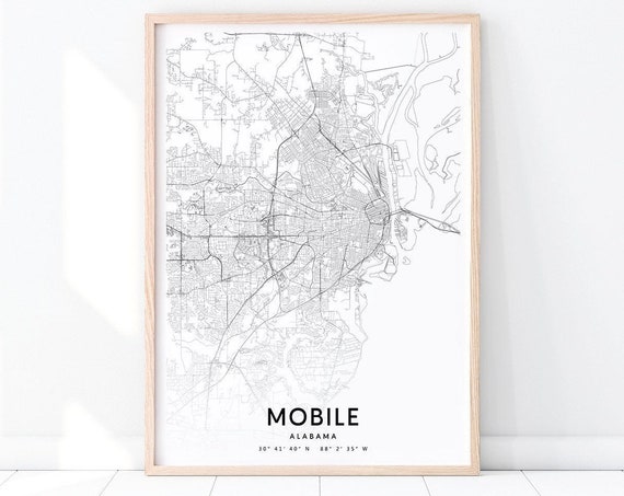 Mobile Map Print Alabama Art Poster City Street Road Modern Wall Home Office Decor