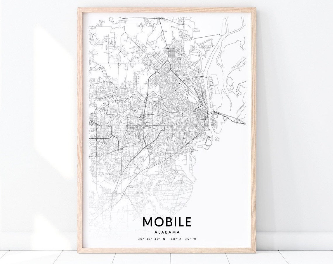 Mobile Map Print Alabama Art Poster City Street Road Modern Wall Home Office Decor