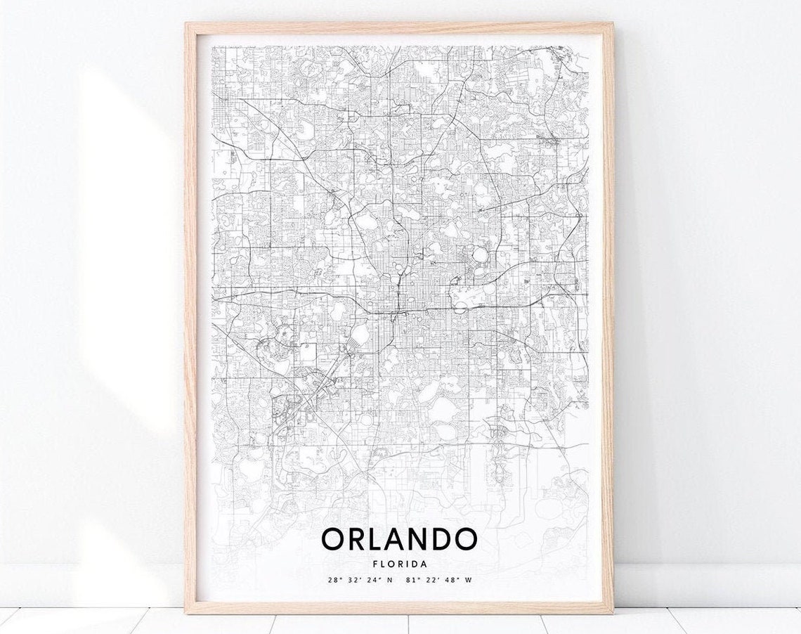 Orlando Florida Minimalist Black and White City Street Map Poster