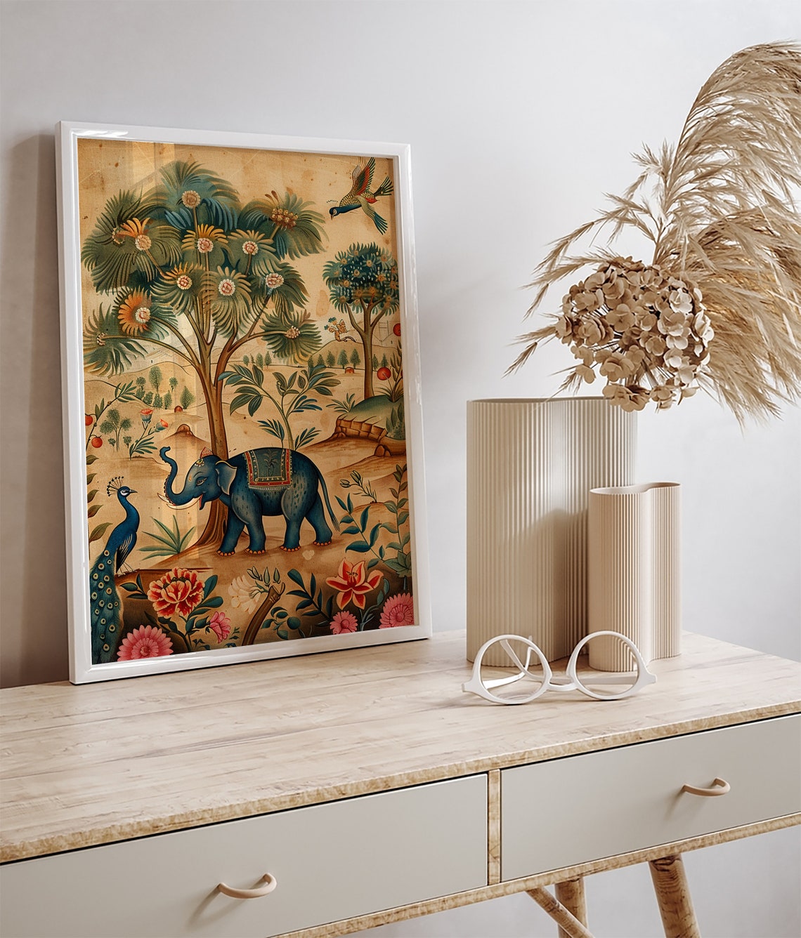 Vintage Indian Elephant Peacock Tropical Tree Forest Scene Art Poster - Image 3