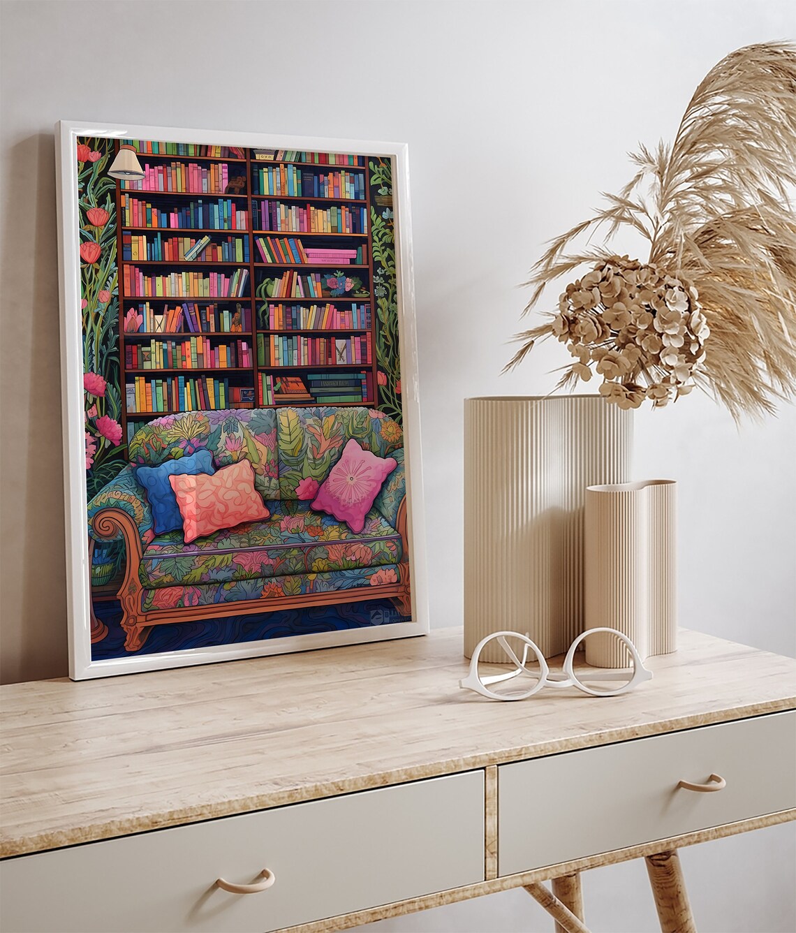 Colorful Library Bookshelf With Floral Patterned Sofa Book Lover Reading Poster - Image 3
