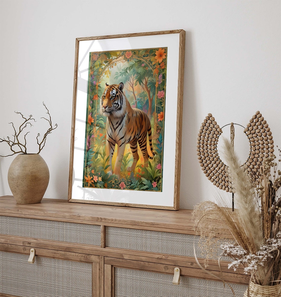 Bengal Tiger Standing Lush Floral Jungle Ornate Border Decor Poster - Image 2