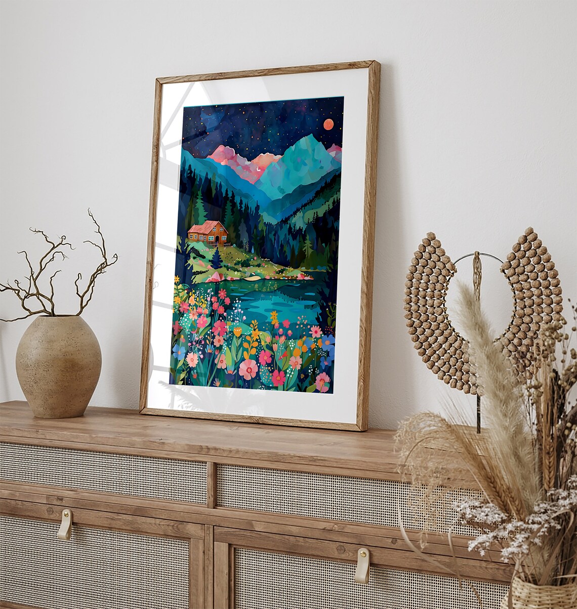 Starry Night Mountain Cabin by a Lake With Wildflowers Art Poster - Image 3