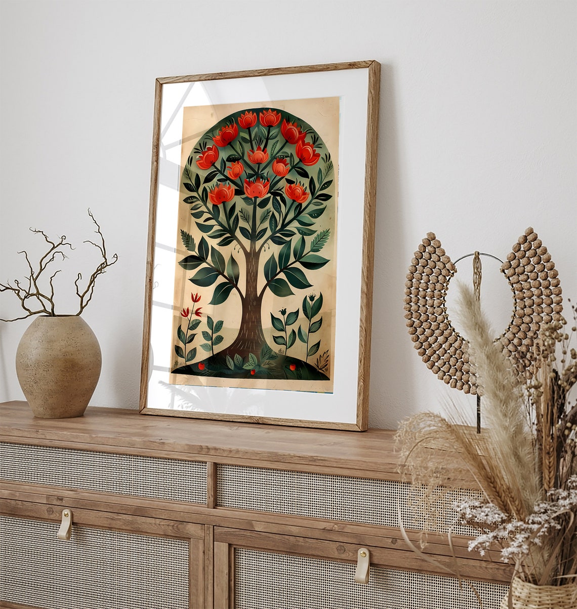 Tree of Life Red Blossoms Green Leaves Vintage Folk Artwork Poster - Image 2