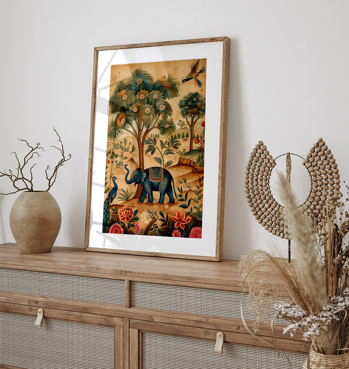 Vintage Indian Elephant Peacock Tropical Tree Forest Scene Art Poster - Image 2