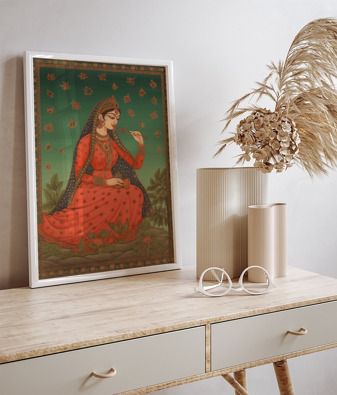 Indian Miniature Painting of a Royal Lady Holding a Rose Poster - Image 2