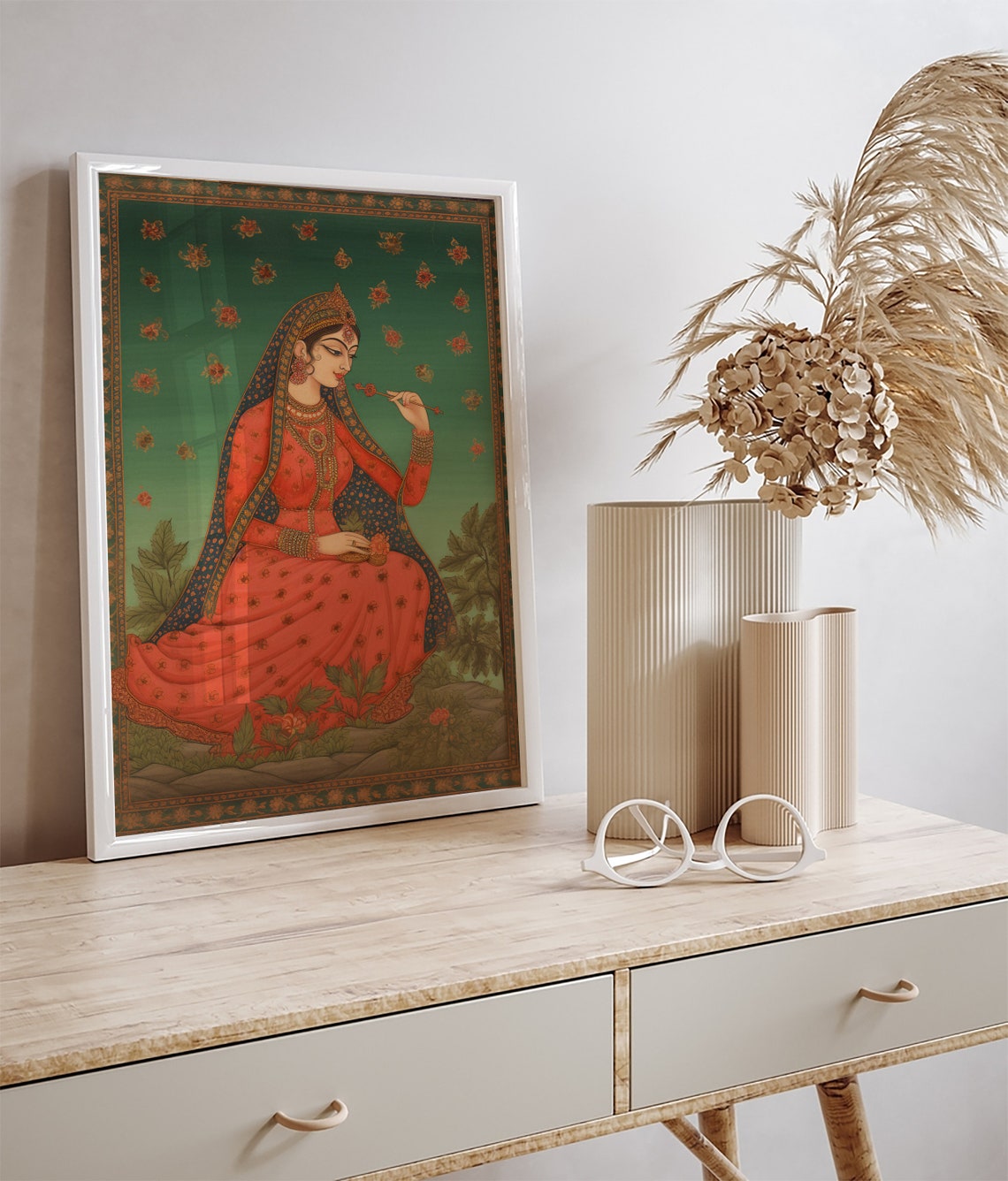 Vintage Indian Folk Wall Art Brown Woman Smoking Royal Princess Living Room Decor Indian Vintage Palace Painting Poster Wall Art - Image 2
