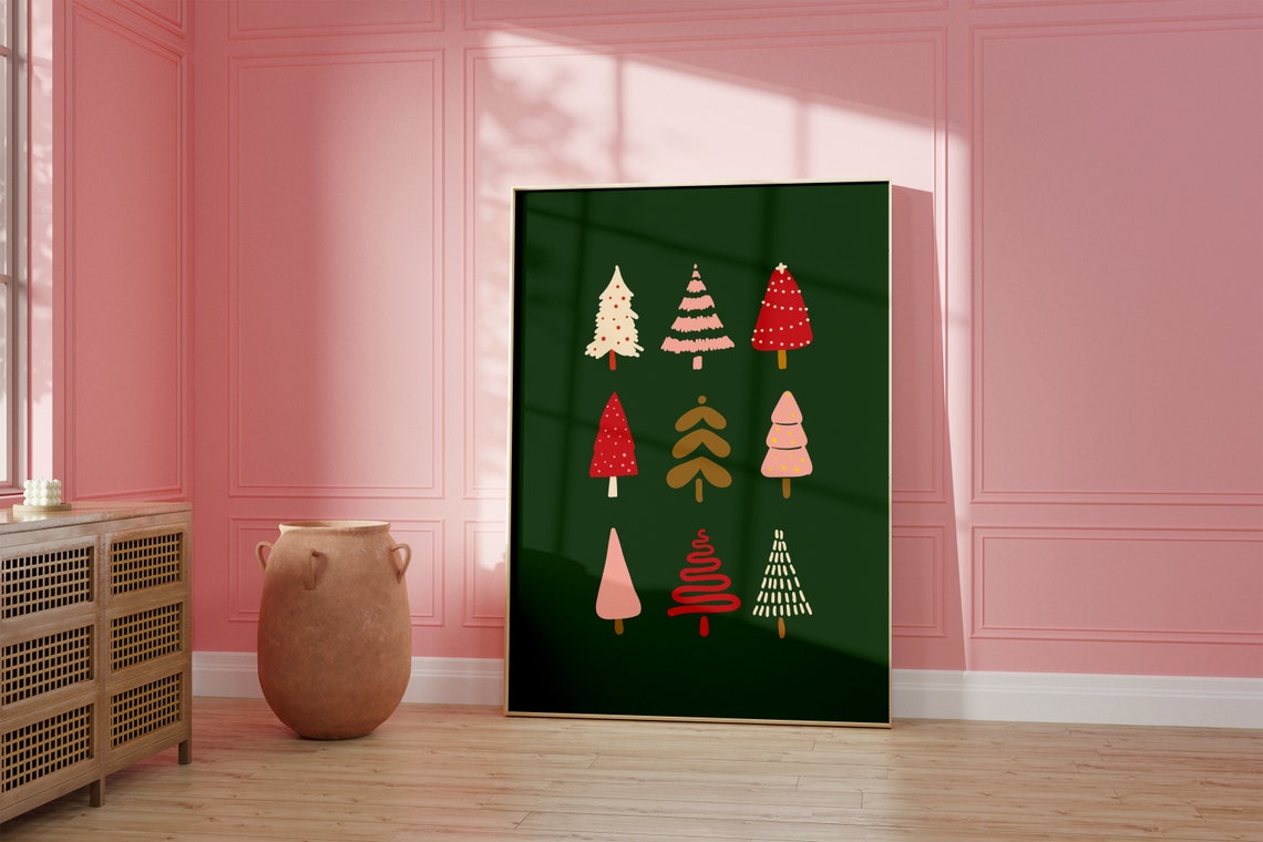 Nine Cute Christmas Trees Folk Art Style Green Holiday Wall Poster - Image 2