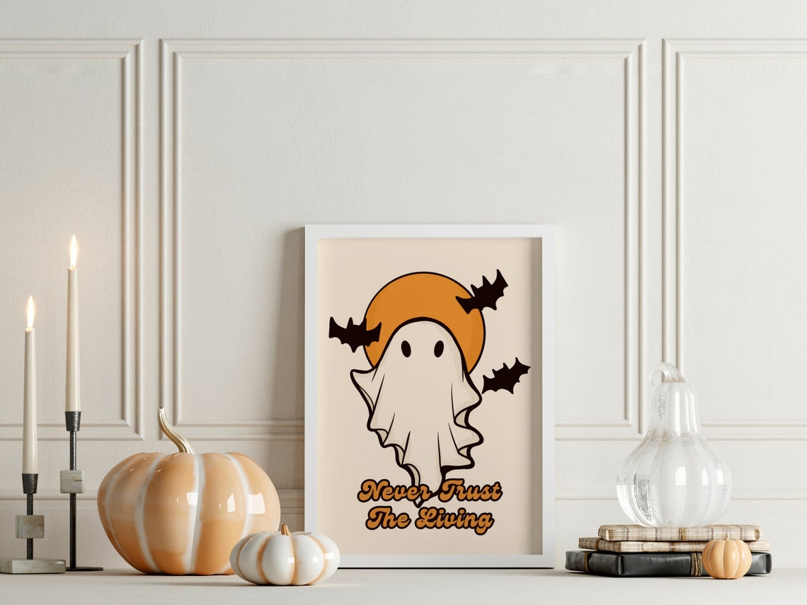 Never Trust The Living Cute Ghost Bats Halloween Quote Poster - Image 2