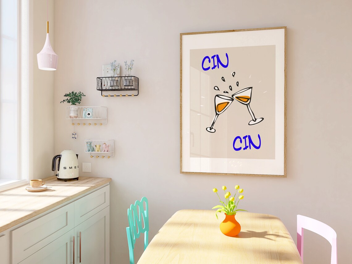 Cin Cin Cheers Cocktail Glasses Retro Bar Cart Kitchen Art Poster - Image 2