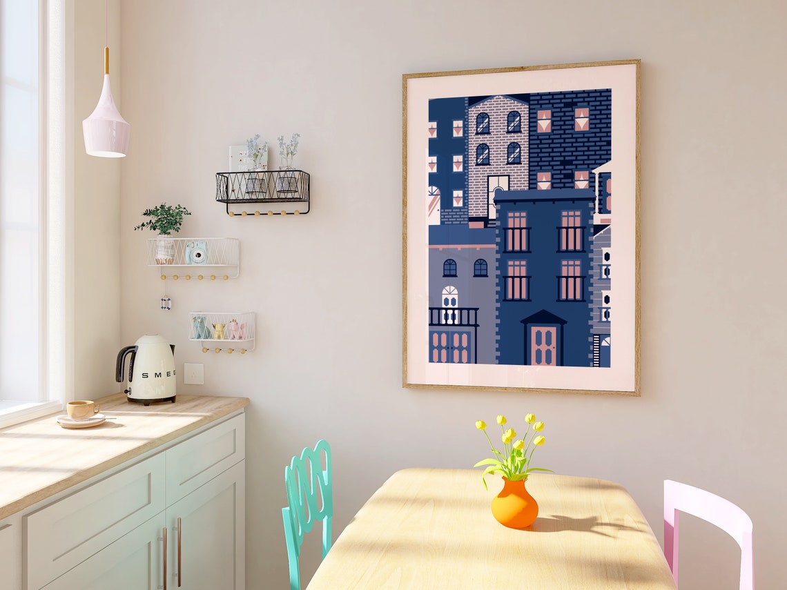 Modern Navy Blue City Buildings Geometric Architecture Poster - Image 2