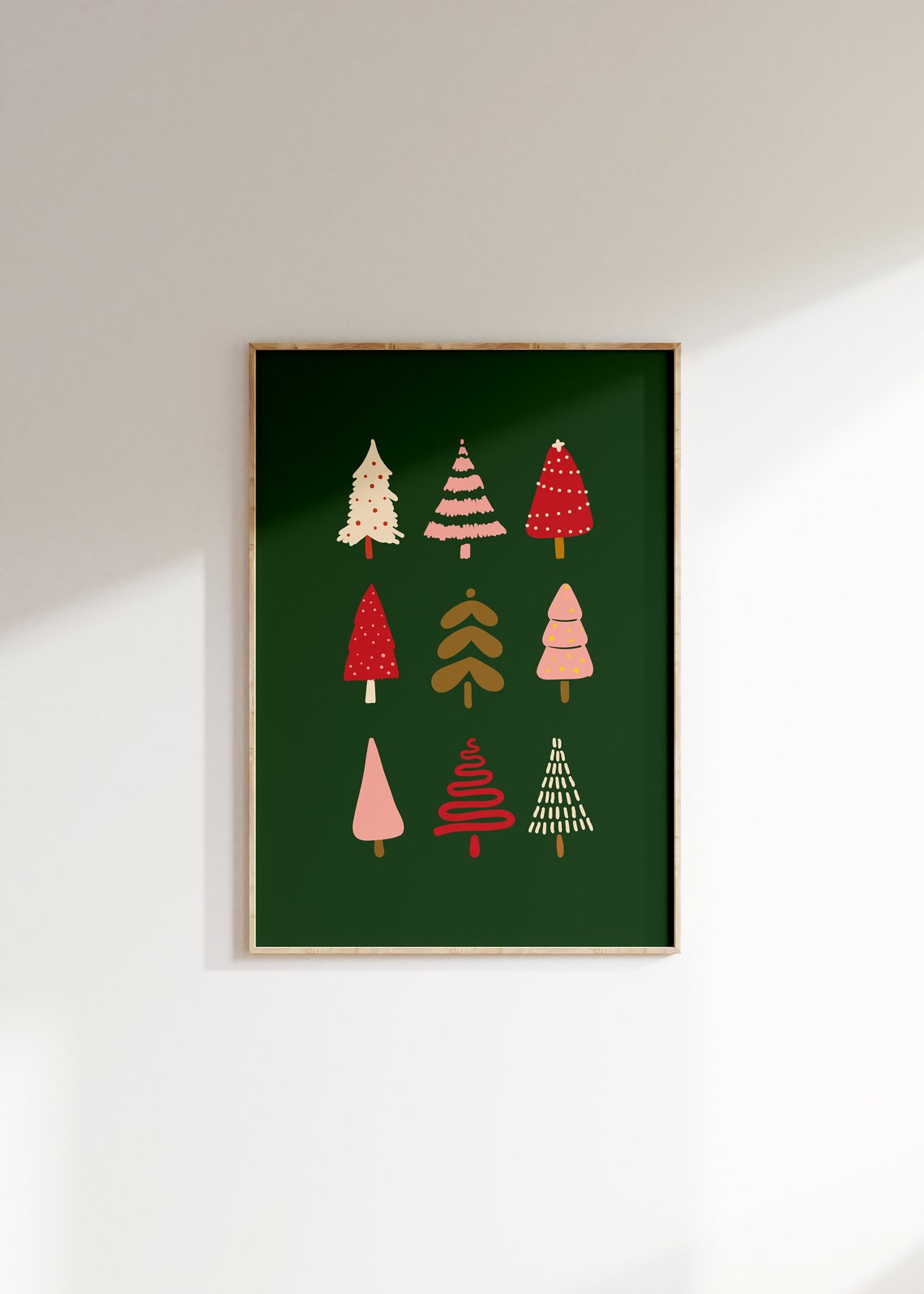 Nine Cute Christmas Trees Folk Art Style Green Holiday Wall Poster