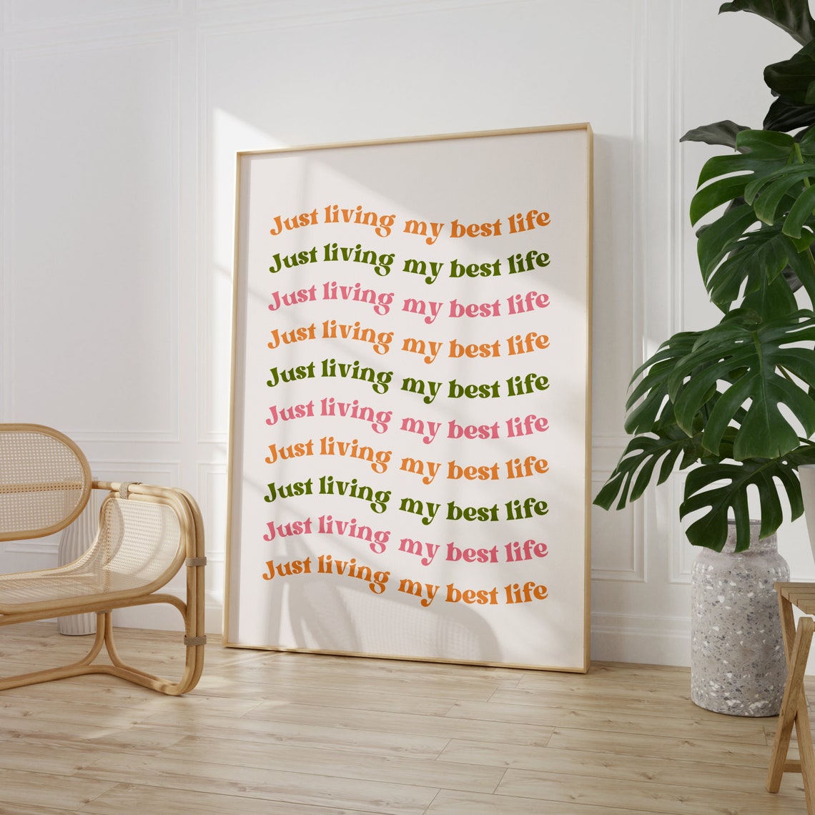 Just Living My Best Life Repeated Groovy Rainbow Typography Poster - Image 2