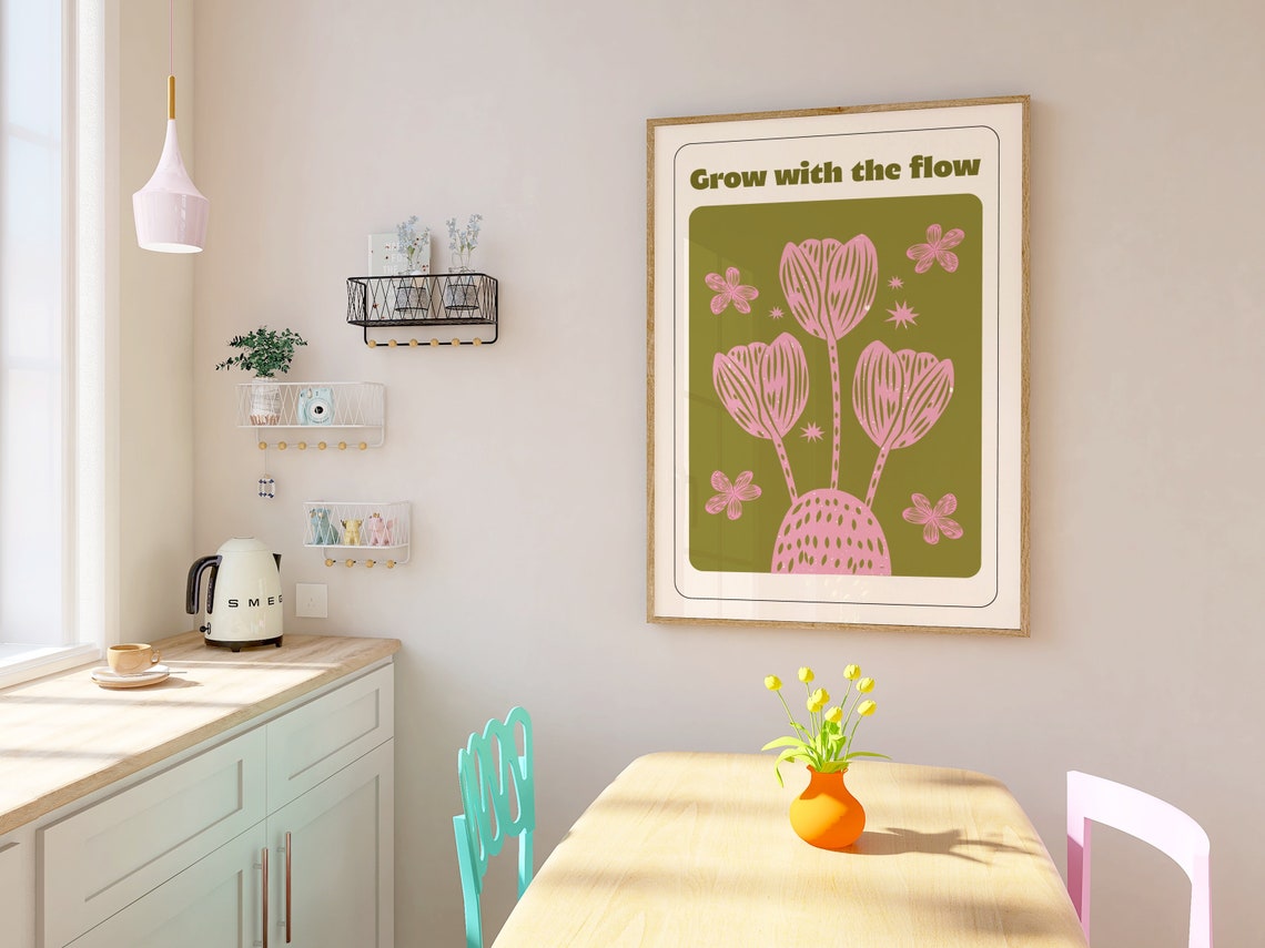 Grow With The Flow Retro Tulip Floral Green Botanical Quote Poster - Image 3