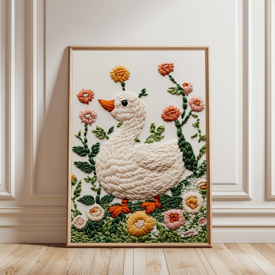 Duck In Flowers Embroidery Pattern, Cute Trendy Decor