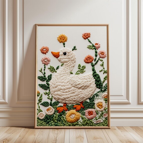 Duck In Flowers Embroidery Pattern, Cute Trendy Decor