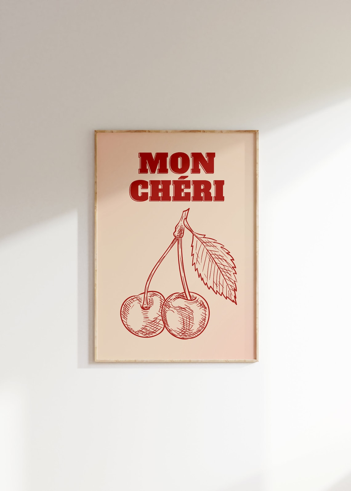 Mon Cheri Cherry Art Print Red French Kitchen Fruit Retro Typography Decor