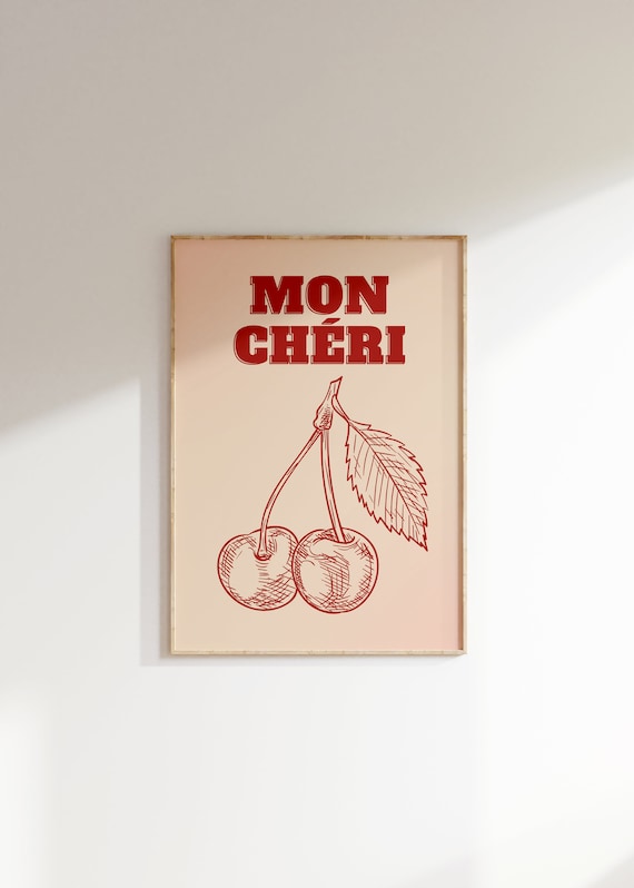 Mon Cheri Cherry Art Print Red French Kitchen Fruit Retro Typography Decor