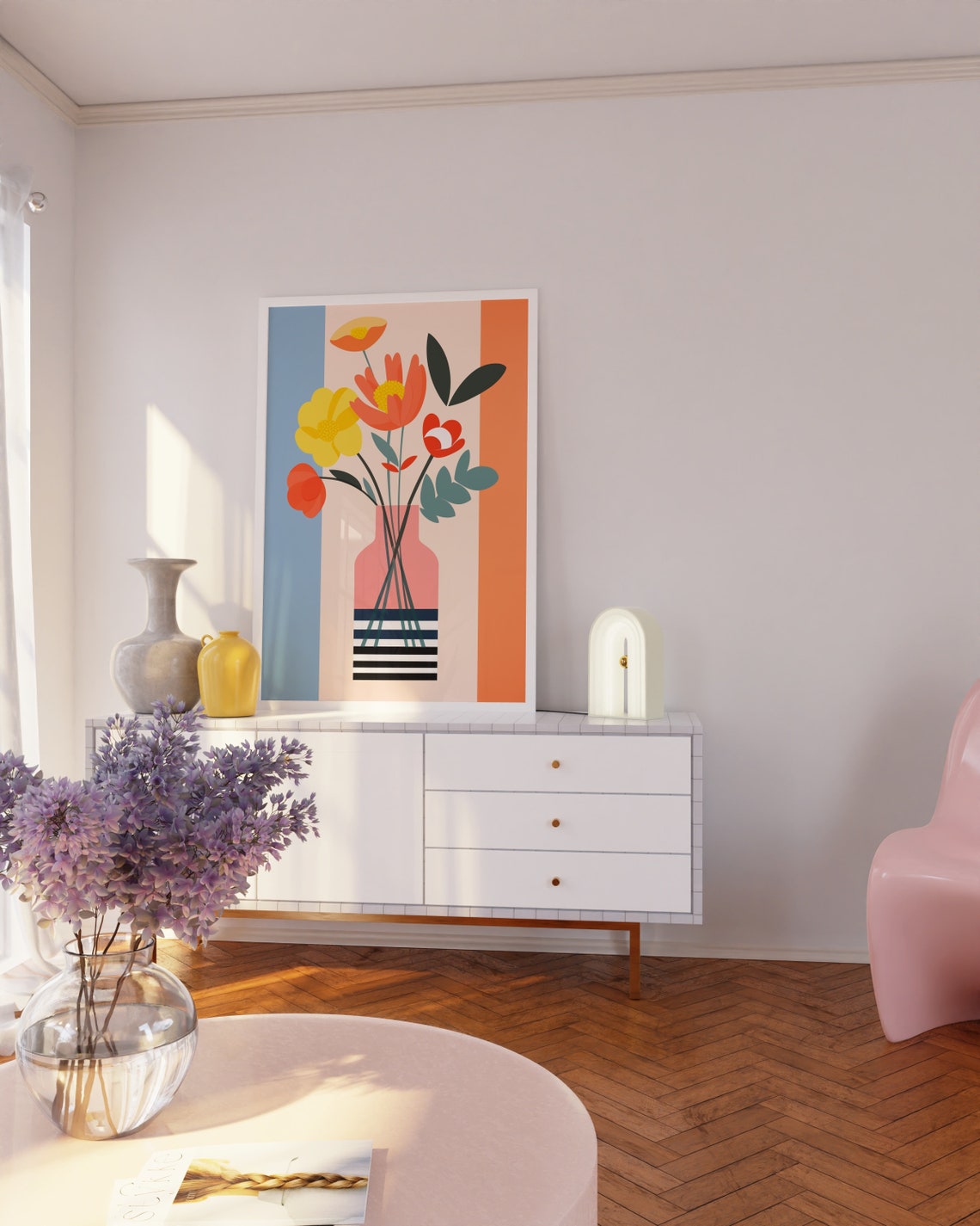 Mid Century Modern Flowers Pink Striped Vase Retro Botanical Poster - Image 2