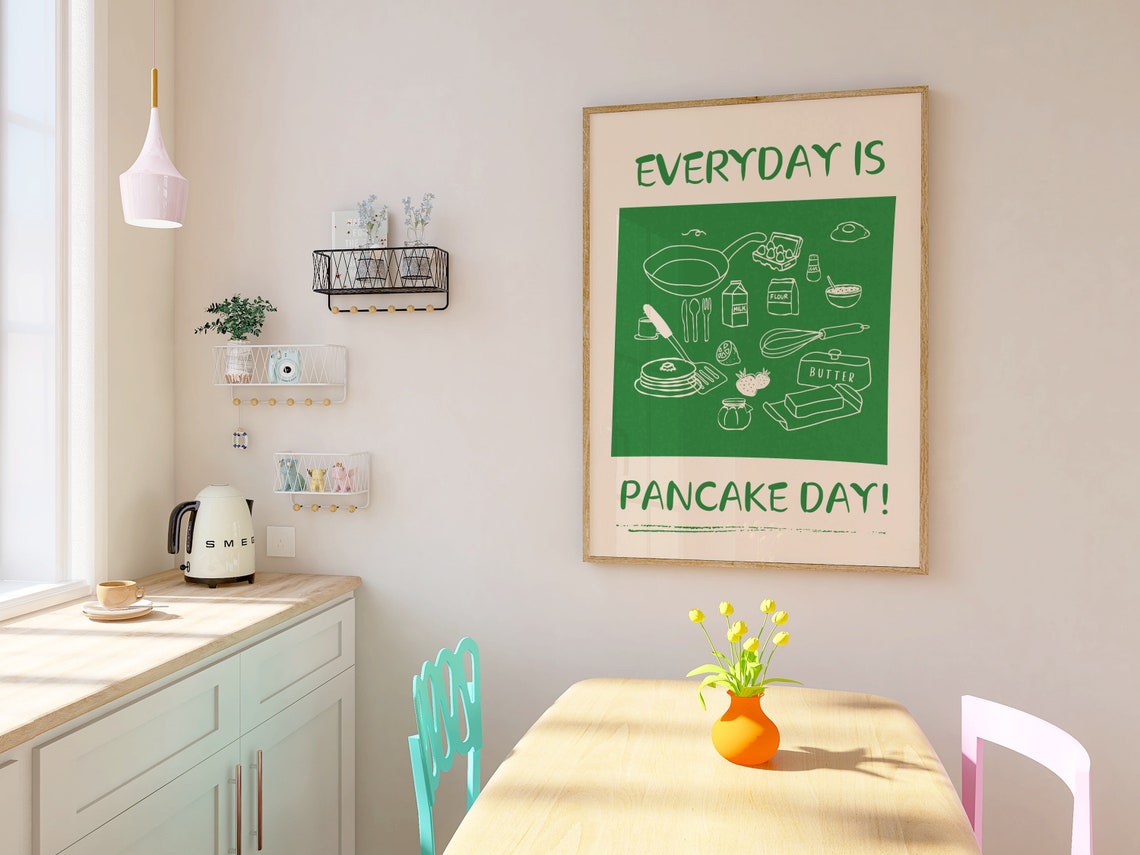 Everyday Is Pancake Day Green Kitchen Doodle Breakfast Art Poster - Image 3