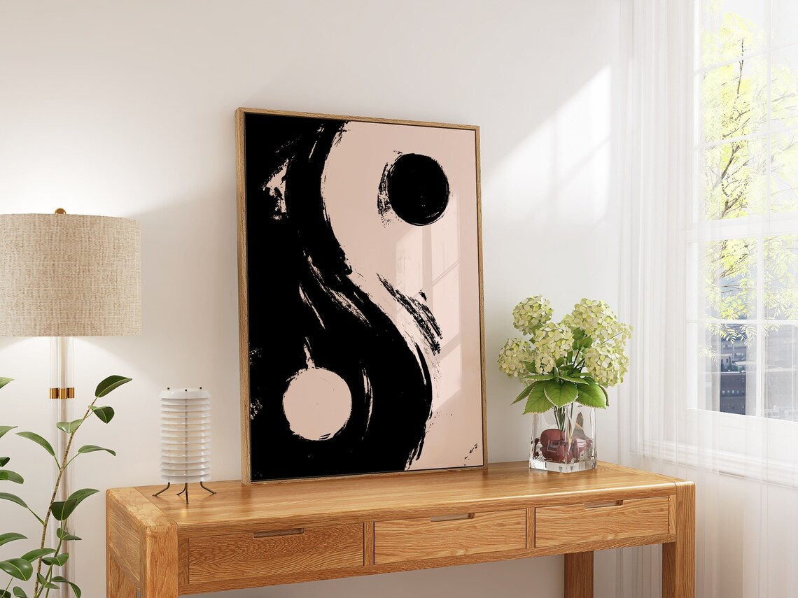 Yin Yang Brushstroke Black Cream Zen Abstract Spiritual Art Poster - Image 3