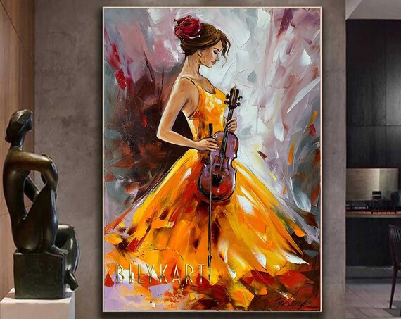 Woman Orange Dress Violin Player Golden Abstract Musician Oil Painting Poster