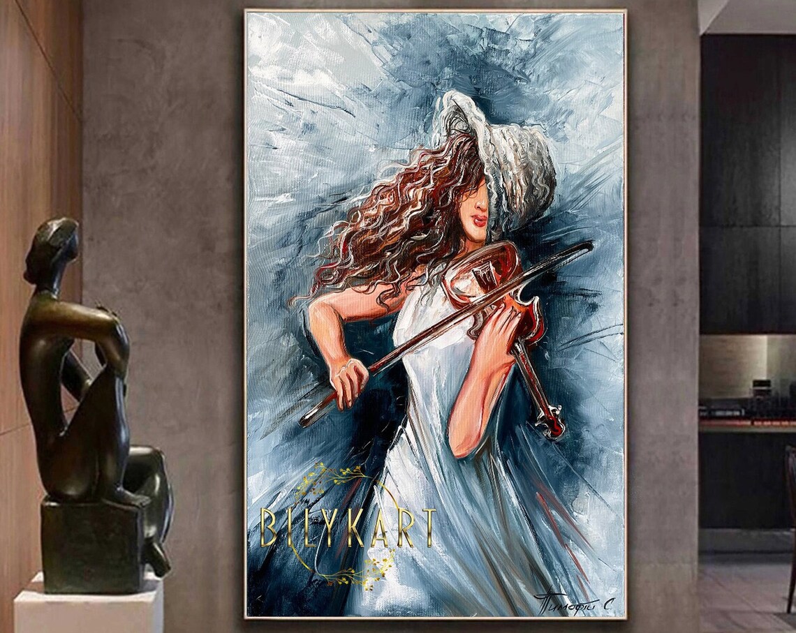 Girl In White Hat Playing Violin Abstract Blue Music Oil Painting Print - Image 3