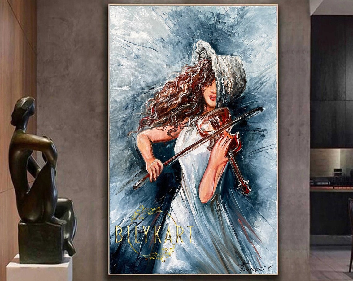 Girl Playing Violin Oil Painting Original Woman In Hat Wall Art Abstract Violin Art Music Painting Modern Living Room Wall Decor - Image 3