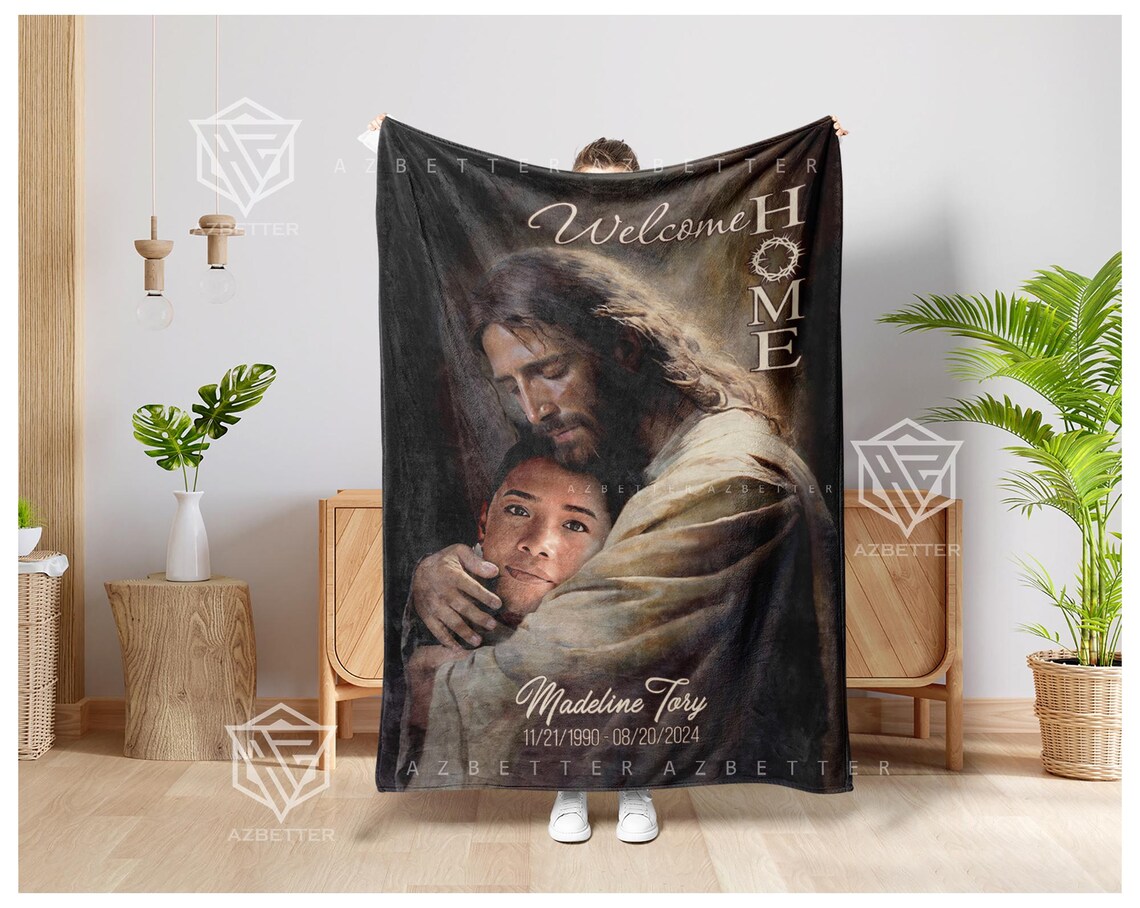 Christmas In Heaven Jesus Embracing Loved One Memorial Blanket Poster - Image 4