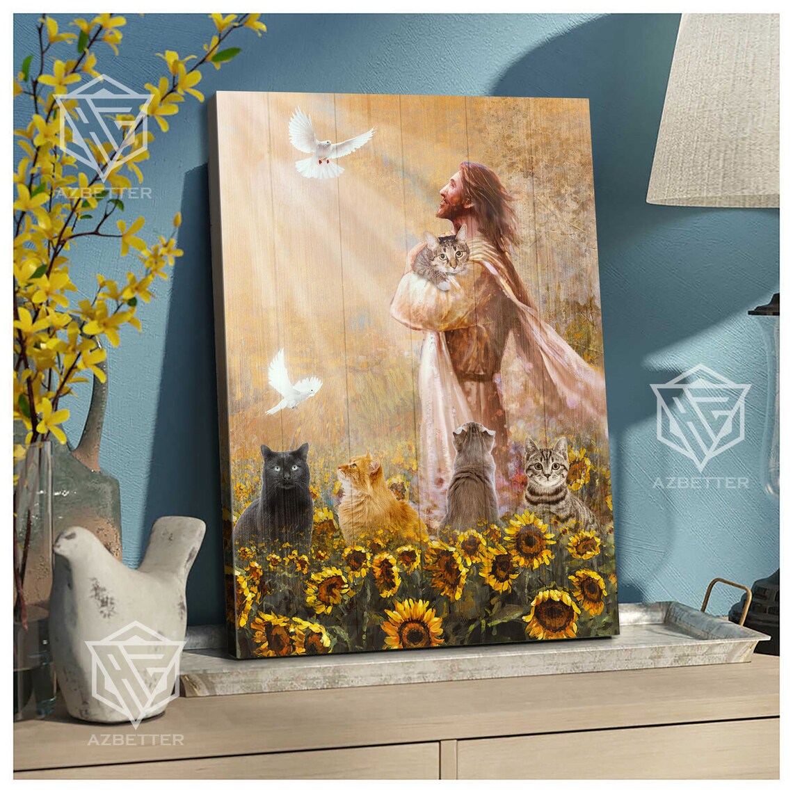Jesus Holding Kitten In Sunflower Field With Cats And Doves Poster - Image 2