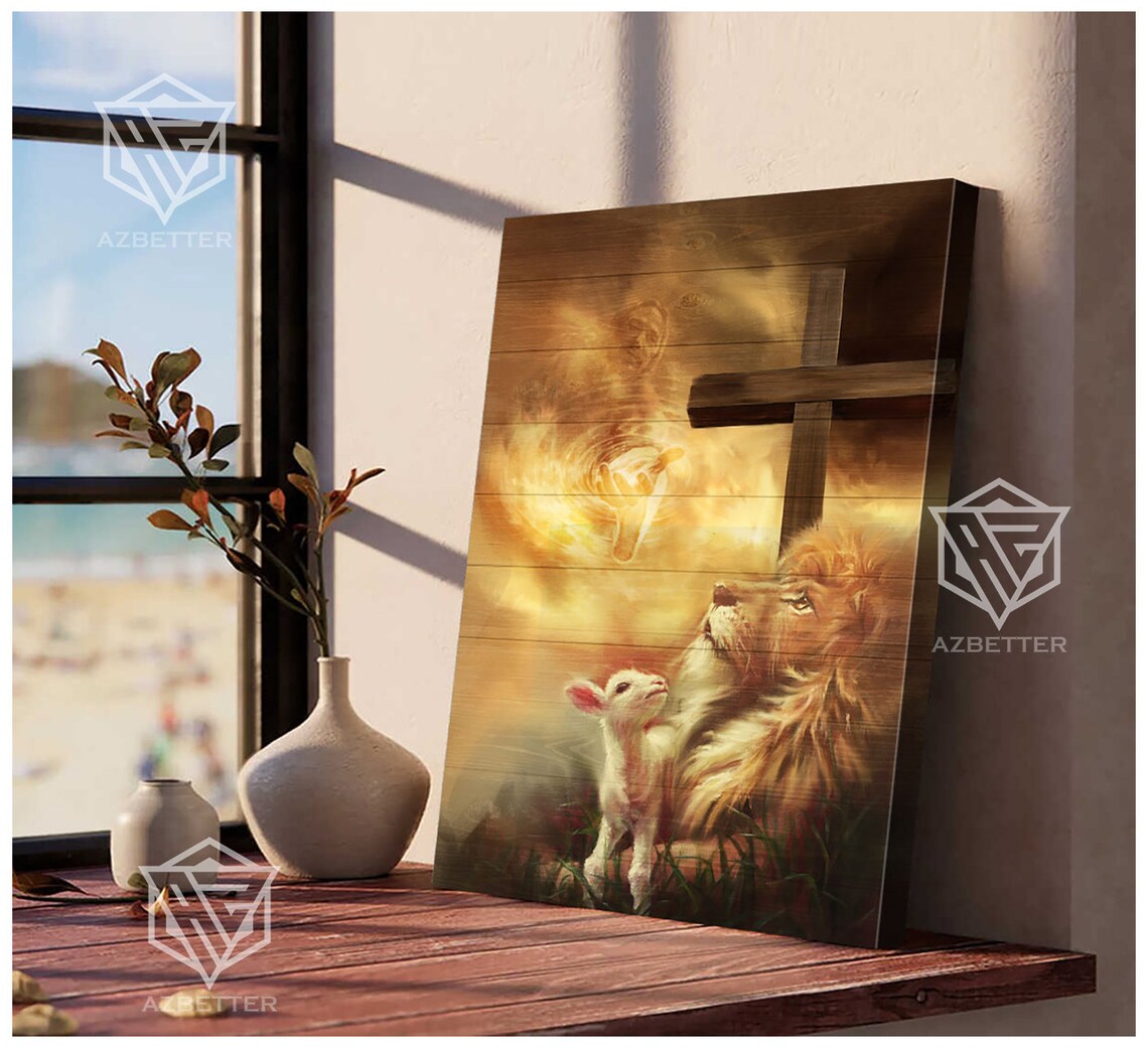 Lion And Lamb Resting Under Wooden Cross At Golden Sunset Poster - Image 3