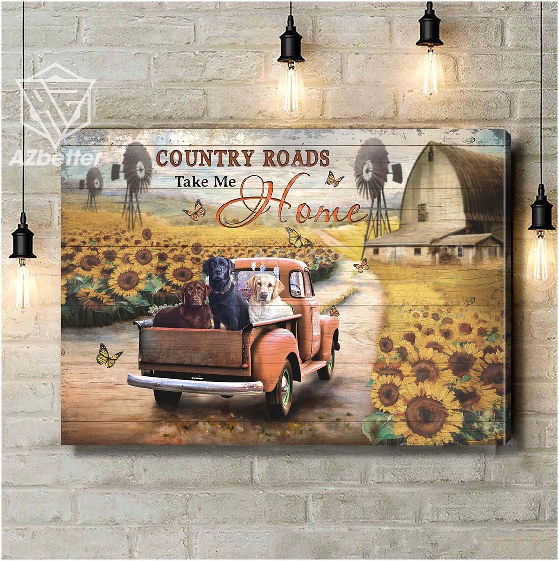 Three Labradors in Red Truck Sunflower Field Country Roads Poster