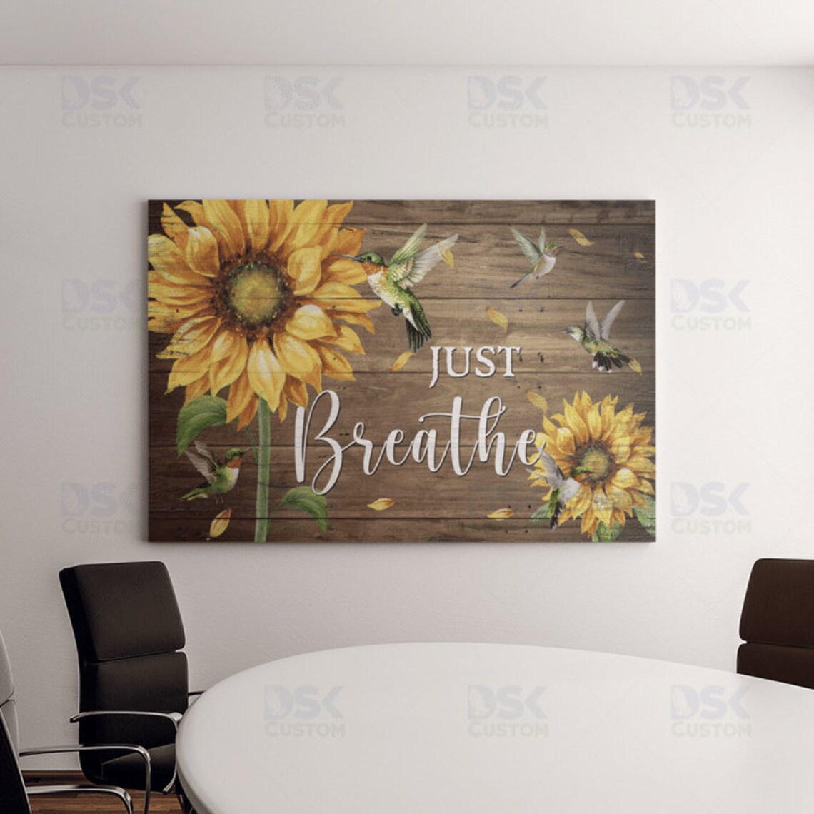 Just Breathe Sunflower and Hummingbird Rustic Wood Plank Poster - Image 4