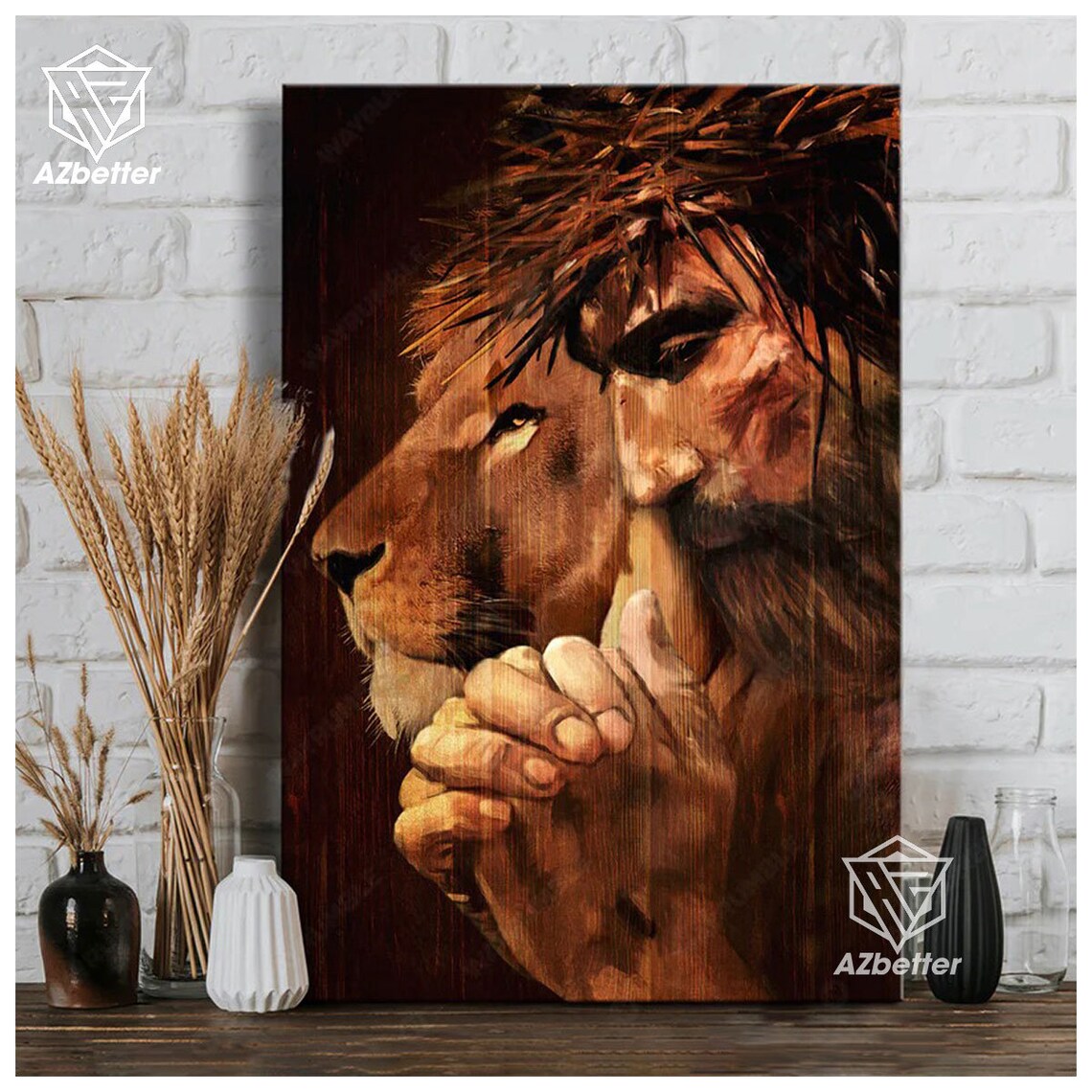 Praying Jesus And Lion Of Judah Crown Of Thorns Faith Poster - Image 2