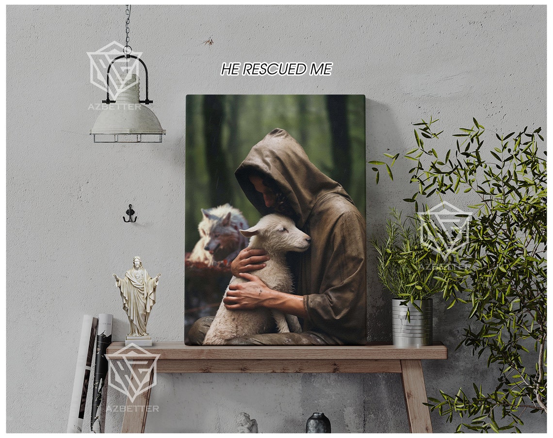Hooded Jesus Tenderly Holding the Lamb Wolf Behind Faith Poster - Image 2