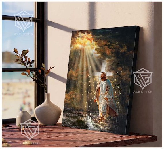 Jesus Walking On Water With Glowing Cross Christian Miracle Poster
