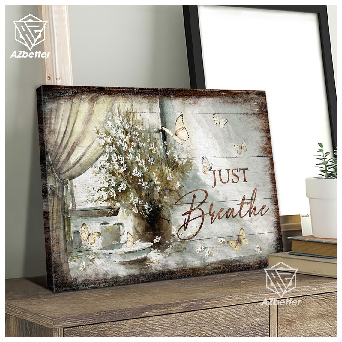 Just Breathe Window Curtain White Flowers Butterfly Rustic Poster - Image 5
